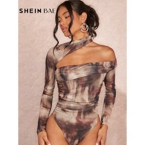 Shein Brown Abstract Marble One Shoulder Mesh Ruched Bodysuit Size M NWT